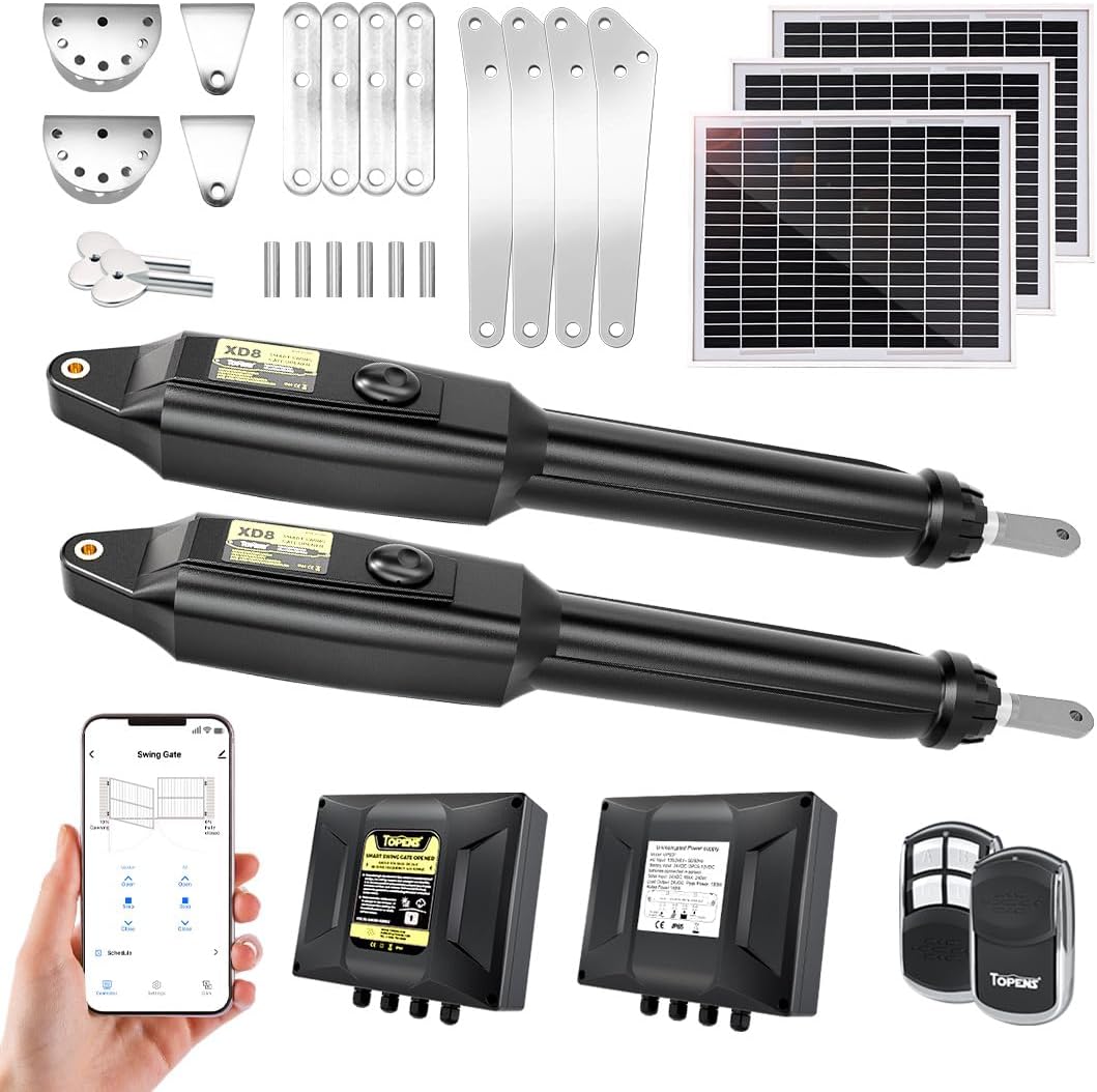 TOPENS XD852S review unboxing — first impressions of the dual motor gate opener system with solar panel, remotes, and wiring harness
