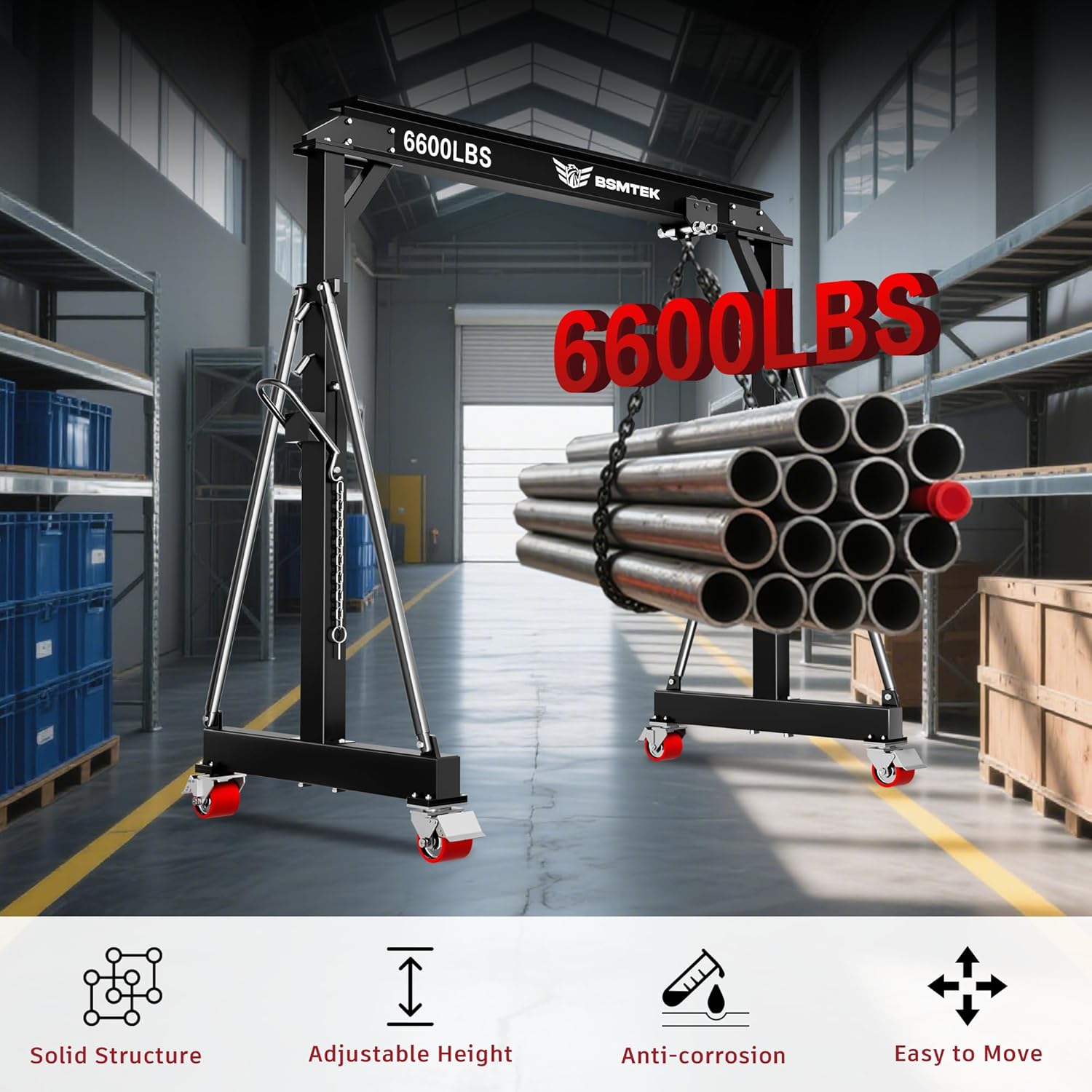 BSMTEK Gantry Crane Review: Pros & Cons, Worth Buying? 3 BSMTEK gantry crane review - feature breakdown showing the trolley, adjustable height, and base construction